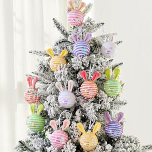 Easter Tree Decorations: 12pcs Sequin Easter Ornaments with Plush Bunny Ears, Pink Yellow Purple Easter Ball Ornaments Decor, Cute Easter Decorations for Kids Home Office Party Gifts
