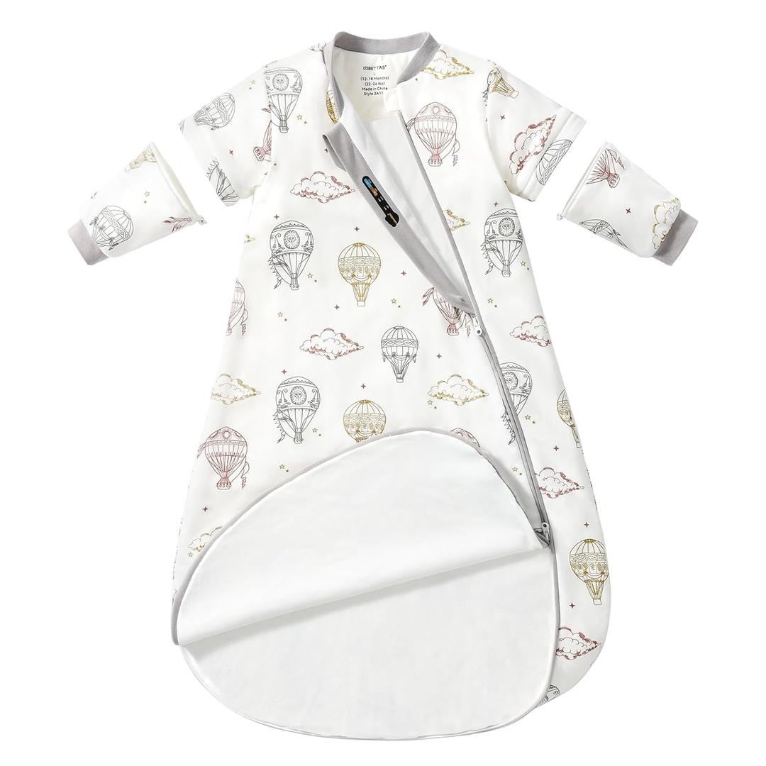 Baby Sleep Sack 3–6 Months, Cotton Sleep Sack with Detachable Long Sleeves, 1.0 TOG Wearable Blanket for Cooler Nights, 2-Way Zipper Toddler Sleeping Sack with Temperature Strip, Hot Air Balloon