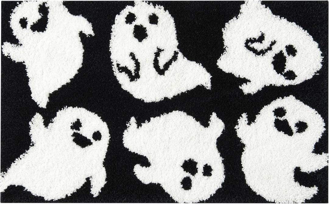 Estmy Cute Ghost Small Area Rugs Non Slip Washable Cute Vintage Black Halloween Fall 2x3 Throw Rugs for Bedroom Kitchen Entryway Indoor, Spooky Funny Shaggy Spirit Gothic Halloween Bathroom Rugs