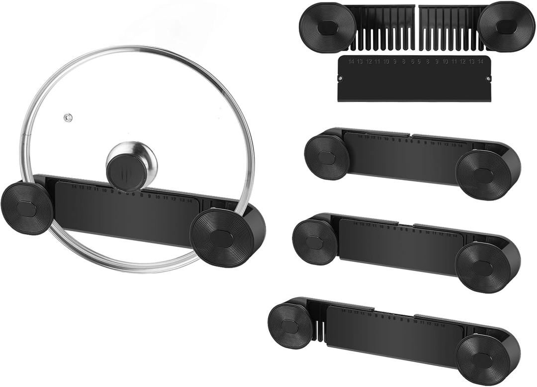 New Upgrade 4 Pack Adjustable Pot Lid Holder, Lid Organizer Fits 6" to 14" Lids, with Screw Hole Position and Sticky Wall Mounted Lid Storage Kitchen Cabinets, Cabinet Doors (Black)