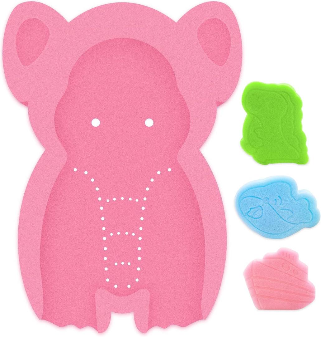 Soft Infant Bath Sponge Elephant Baby Bath Mat Newborn Comfy Foam Skid-Proof Cushion (Pink 1Set)