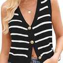 Womens Crochet Sweater Vest Summer Sleeveless Knit Tops Button Down Trendy Casual V Neck Cropped Cardigan Black White Striped XL