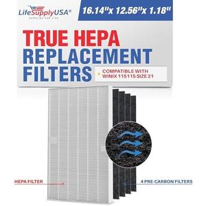 115115 HEPA Filter A Replacement + 4 Carbon Pre-Filters for C535, 5300, 5300-2, 5500, 5500-2, 6300, 6300-2, P300, AM90, C909, 9800 For Winix Air Purifier Filter Replacement Size 21 by LifeSupplyUSA. 4 PACK