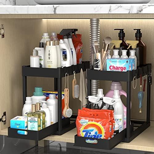 POUGNY  Under Sink Organizer Rack 2 Tier Under Sliding Cabinet Basket Organizer Drawer with 4 Hooks, Multi-purpose Under Sink Storage for Bathroom Kitchen Desktop（Black）