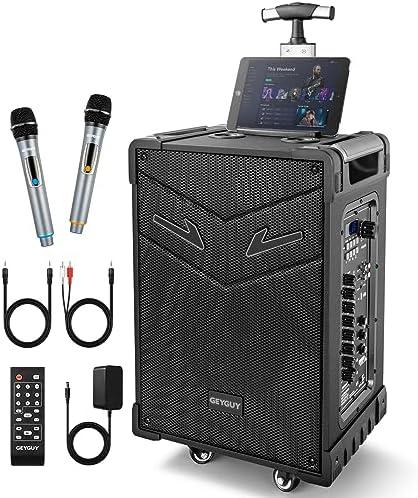 GTSK10-3 3-Way Portable Bluetooth PA Speaker System with Wireless Microphones, 10" Subwoofer, USB/FM, TWS, Guitar Input, Rechargeable Party Speaker for Events, DJ Lights & Outdoor Performances