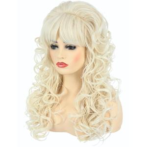 80s Long Blonde Curly Wig - Perfect for Womens 60s 70s Disco Party or Halloween Costume - Long Blond Wavy Wigs with Bangs for Women Drag Queens Cosplay (Blonde)