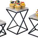 MyGift Shabby White Washed Solid Wood Square Tiered Food Display Table Risers with Twisting Black Metal Base, Wooden Nesting Dessert Holder Cupcake Tray Cake Stand, 3 Piece Set