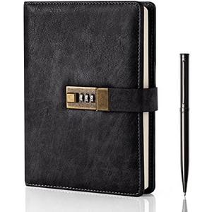 WEMATE Diary with Lock, A5 PU Leather Journal with Lock 240 Pages, Vintage Locks Journal Password Notebook with Pen, Locks Diary Planner Organizer for Men and Women, 8.6x5.8in Black