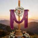 59 Inch Extra Large Easter Wood Cross Decoration Standing Cross with Purple Ribbon Thorn Crown Lily Vine Jesus Christian Religious He Is Risen Outdoor Decor for Yard Communion Church Wedding Party