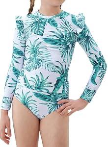 blibean Girls Rash Guard Swimsuit Long Sleeve Two Piece Tween Bathing Suits for Teens Little Kids Cute Ruffle Swimwear Junior Floral Tankini Sets Traje Baño Niñas Size 6-7 Year Old Turquoise