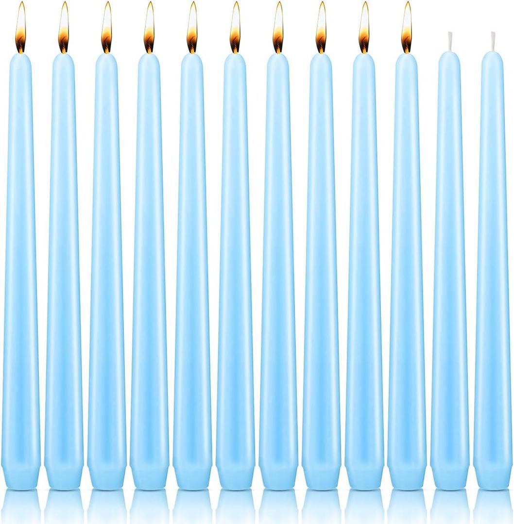 NIKY 10 inch Taper Candles, Set of 12 Unscented Dripless Candlesticks - 8 Hours Long Burning for Home Decoration, Wedding, Parties and Special Occasion (Light Blue)
