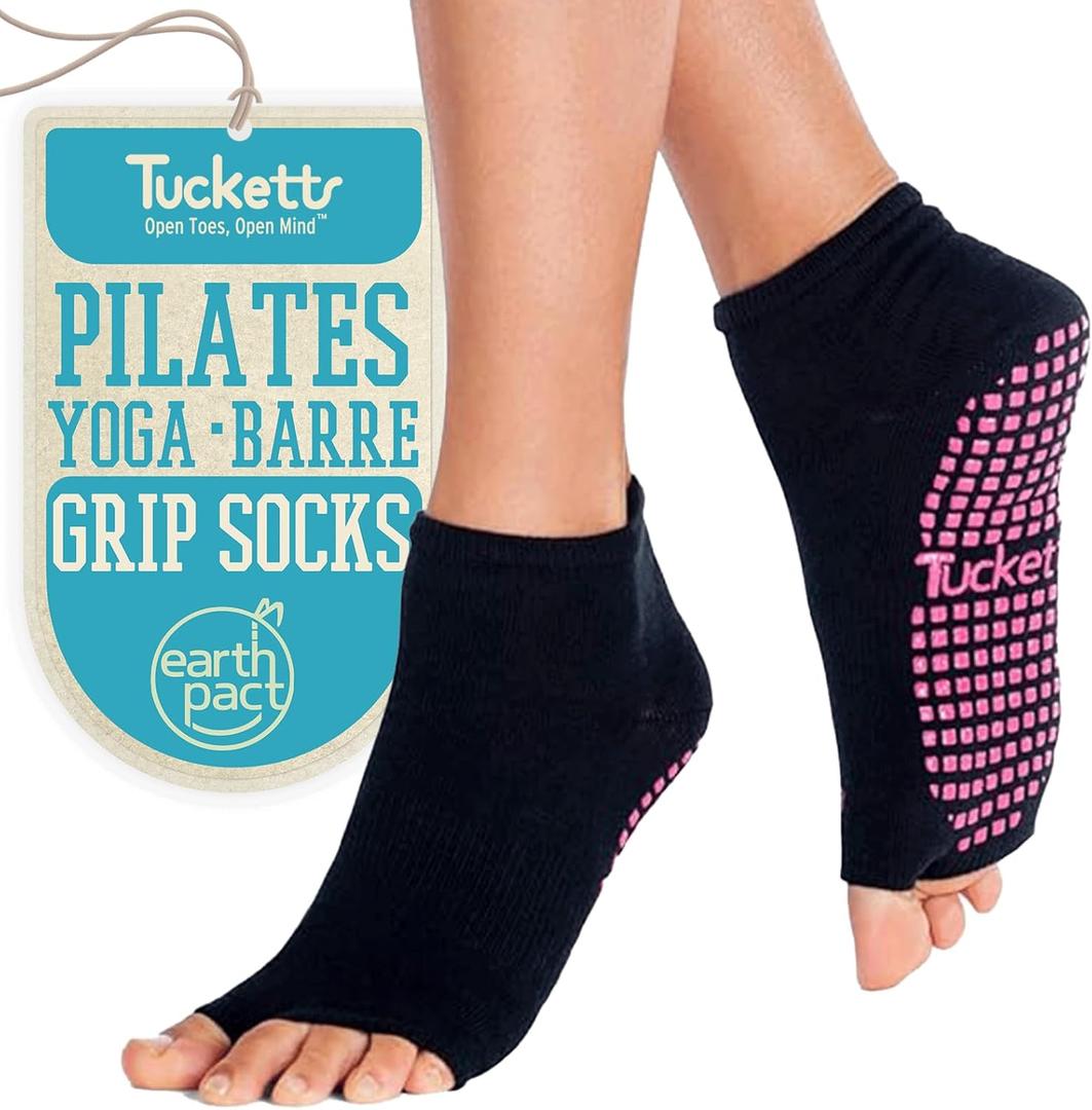Tucketts Anklet Toeless Pilates Socks with Grips for Women, Non-Slip Ankle Toeless Yoga Socks with Grips for Barre, Size Large-X-Large, Classic Black