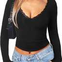 Navneet Women Sexy V Neck Lace Long Sleeve Shirts Crop Top Fall Cute Going Out Tops (Medium, Black)