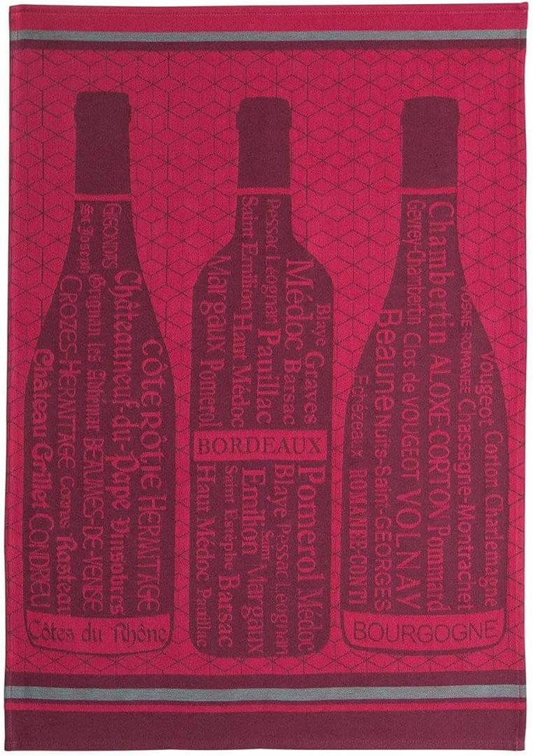 Coucke French Cotton Jacquard Towel, Bouteilles De Vin Bordeaux (Red Wine Bottle), 20-Inches by 30-Inches, Red