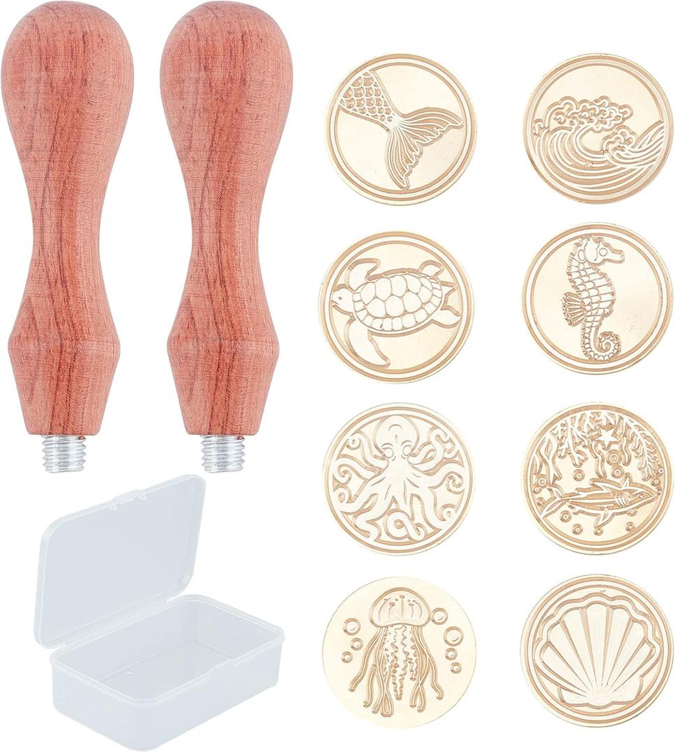 CRASPIRE 10Pcs/Box Ocean Sea Animal Wax Seal Stamp Kit Whale Seahorse Turtle Shell 25mm Brass Sealing Stamps Removable Heads 2Pcs Wood Handles for DIY Scrapbooking Invitation Gift WrapWine Envelopes