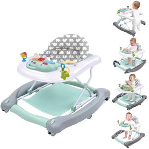 5 in 1 Foldable Baby Walker, Activity Baby Walker-Baby Bouncer, Rocker, Activity Center, Seat and Push Walker ,Detachable Trampoline Mat, Adjustable Speed Rear Wheels and Height,Ages 6-18 Months (Mint) (Blue)