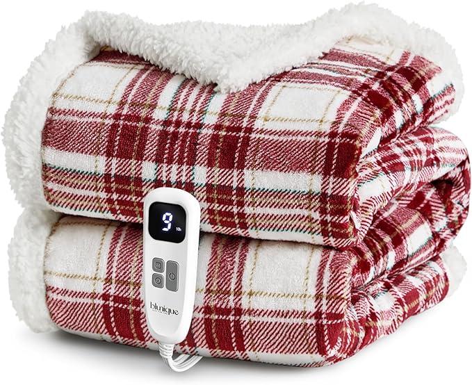 blunique Heated Blanket Electric Throw 50''x60''Ultra Soft Plaid Flannel Fast Heating Electric Blanket with 10 Heat Levels & 10 Hrs Auto Off, ETL Certified, Keep Warm in Couch Bed Office (Red)
