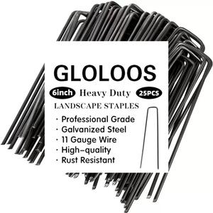 6 inch 25 Pack Black Galvanized Landscape Staples 11 Gauge Garden Stakes Pins Anti-Rust Ground Stakes U-Shaped Tent Stakes are Used for Weed Barrier, Irrigation Tubing, Yard Lawn, Landscape Fabric