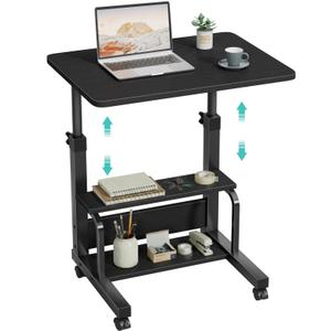 WINAZ Small Rolling Desk for Small Spaces - 24" Portable Desk with Wheels, Height Adjustable C Shaped Side Table Mobile Laptop Desks with 2-Tier Storage Shelves for Bed Sofa, Black
