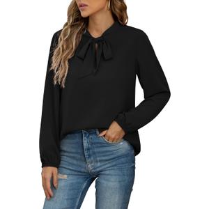CZYINXIAN Womens Dressy Chiffon Blouse Business Work Casual Tie Neck Shirt Tops (Black, XL)