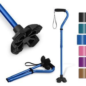 KINGGEAR F1 Walking Stick, Walking Cane for Women & Men, Self Standing Walkers for Seniors with Wrist Strap, Lightweight & Sturdy Offset EVA Handle and Large Quad Base (Dark Blue)