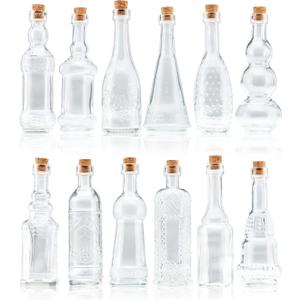 Small Mini Clear Vintage Glass Bottles with Corks, Mini Vases, Decorative, Potion, Assorted Design Set of 12 pcs, 4.6 Inch Tall (11.43cm), 1.4 Inch Wide (3.56cm)