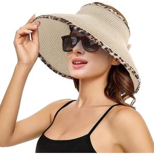 Sun Visor Hat for Women, Wide Brim Straw Summer UV Protection Hat, Foldable Roll-up Packable Beach Cap (Beige)