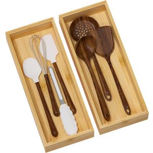 Kitchen Drawer Organizer Bins, Stackable Bamboo Deep Drawer Organizer for Silverware, Utensils, Cutlery, Flatware, Junk Drawer, Dresser, Bathroom, 15" x 6" x 2.5" (Set of 2)