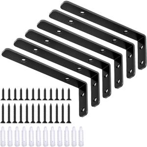 LSK 6PCS L Bracket, Heavy Duty Metal Corner Bracket, 5"2"(12550mm) Shelf Support Bracket Max Load : 42lb, Joint Angle Bracket for Wooden Board, Black