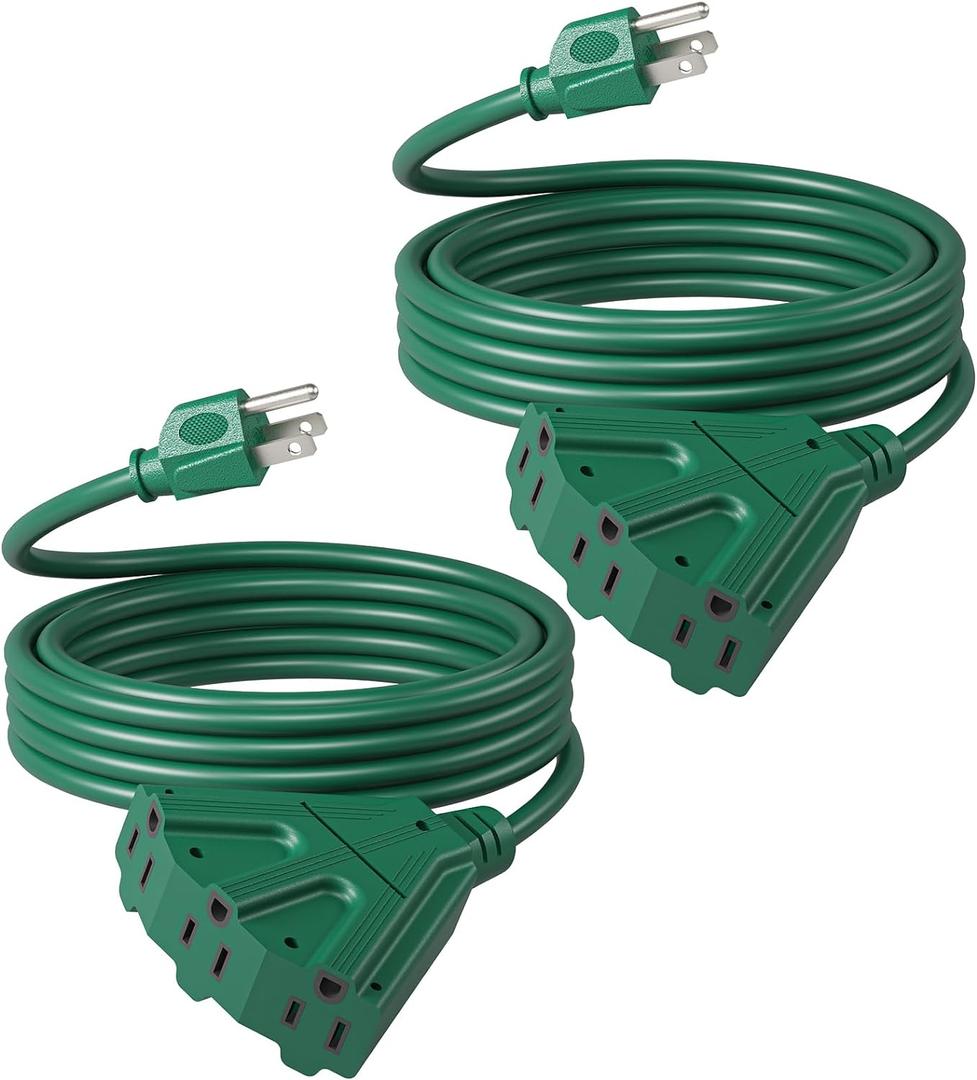 DEWENWILS 10 FT Outdoor Tri-Tap Extension Cord Splitter for Halloween, Weatherproof 16/3 SJTW Power Cable for Holiday Decoration and Outdoor Landscaping String Lights, ETL Listed, Pack of 2, Green