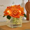 Fule Artificial Silk Rose Flower Centerpiece Arrangement in Glass Vase with LED Light for Home Wedding Decoration (Orange)