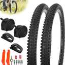 JIAYAN 24/26x1.95 Folding Replacement Bicycle Tires with Tire Levers and Tire Liners, 24''/26'' Mountain Bike Tire and Inner Tube for MTB Off-Road Bicycle