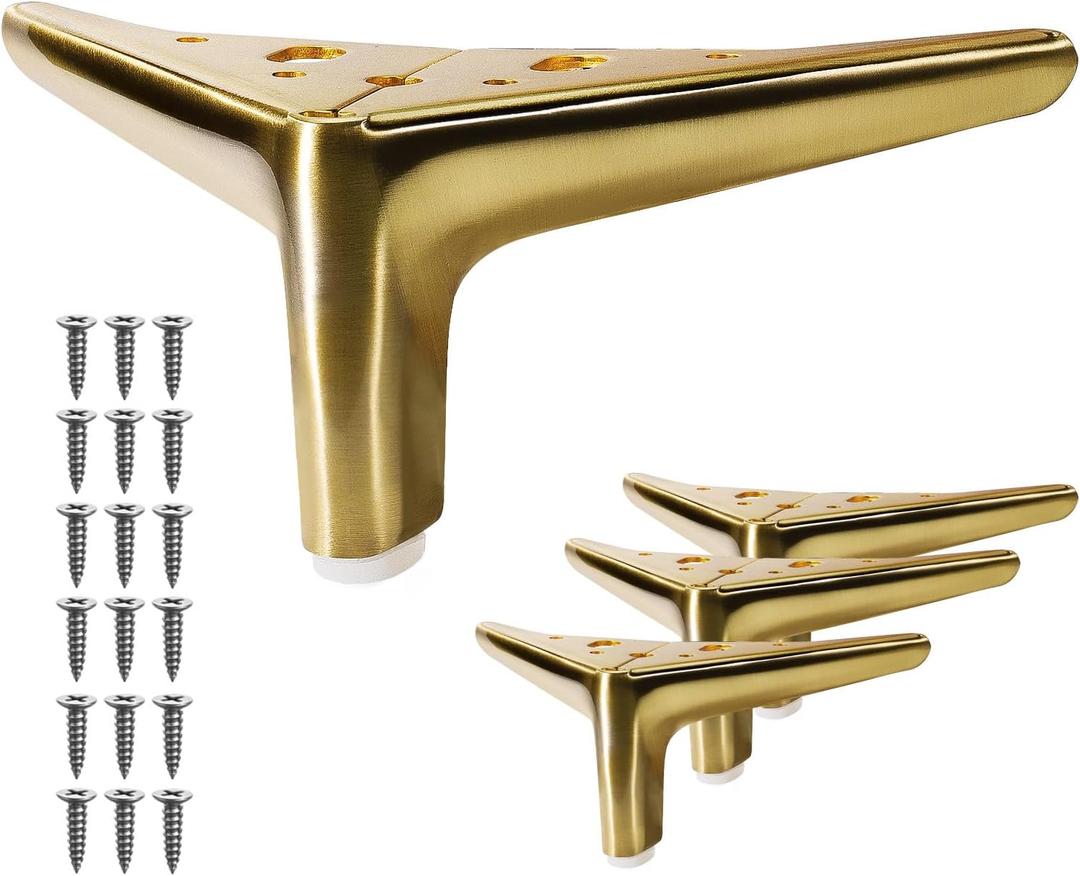 4-Inch Brushed Gold Furniture Legs, Legs for Furniture Set of 4 Modern Furniture Feet Metal Table Legs for Cabinet Sofa Couch Chair Bed Dresser Wardrobe Risers DIY Replacement