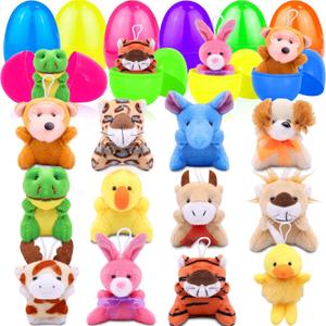 12 Pcs Prefilled Easter Eggs with Mini Stuffed Animal Plush Toys Easter Basket Stuffers Filler for Kids Toddler Boys Girls Egg Hunt Party Favors Classroom Prize Supplies
