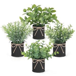 Mkono 4 Packs Small Fake Plants in Farmhouse Galvanized Pots Table Centerpiece Mini Potted Artificial Plants Faux Eucalyptus for Shelf Office Rustic Home Decor (Black, Mini-6" H)