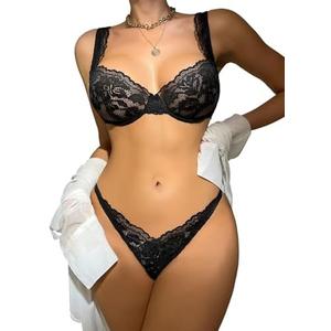 Lilosy Sexy Floral Lace Scallop Underwire Push Up Sheer Lingerie Set Outfits, L