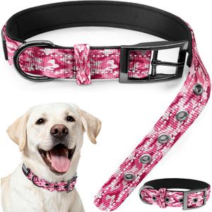 Kazazoo Heavy Duty Tactical Dog Collar Nylon Adjustable Reflective Dog Collar Soft Neoprene Padded for Large Dog, Pink Camo L