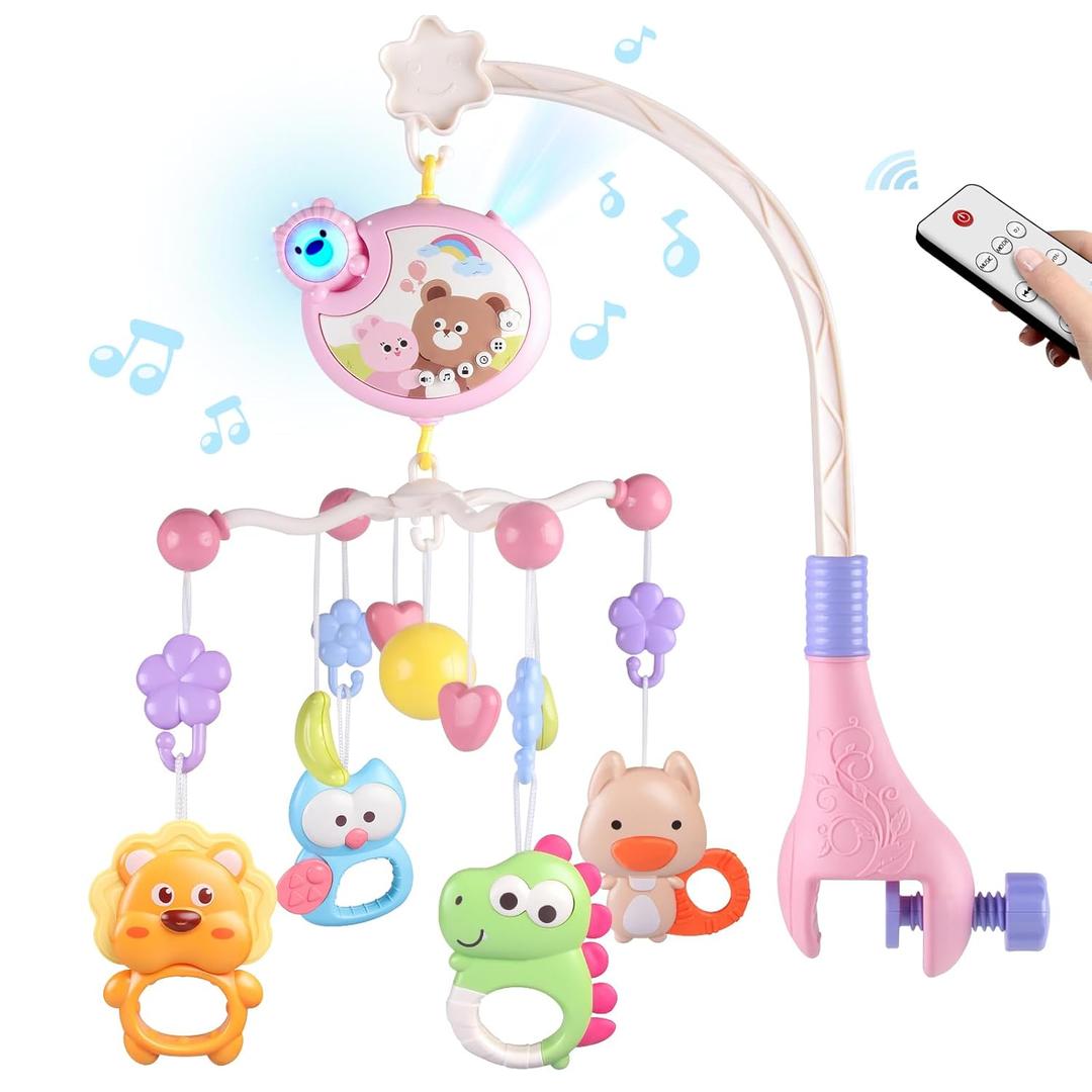 Crib Mobile with Music and Lights, Baby Mobiles for Cribs, Nursery Musical Mobile for Bassinets Toys Hanging Girls Boys, Pack and Play Space Portable Animal Mobile Hanger Arm Clip On Attachment (Pink)