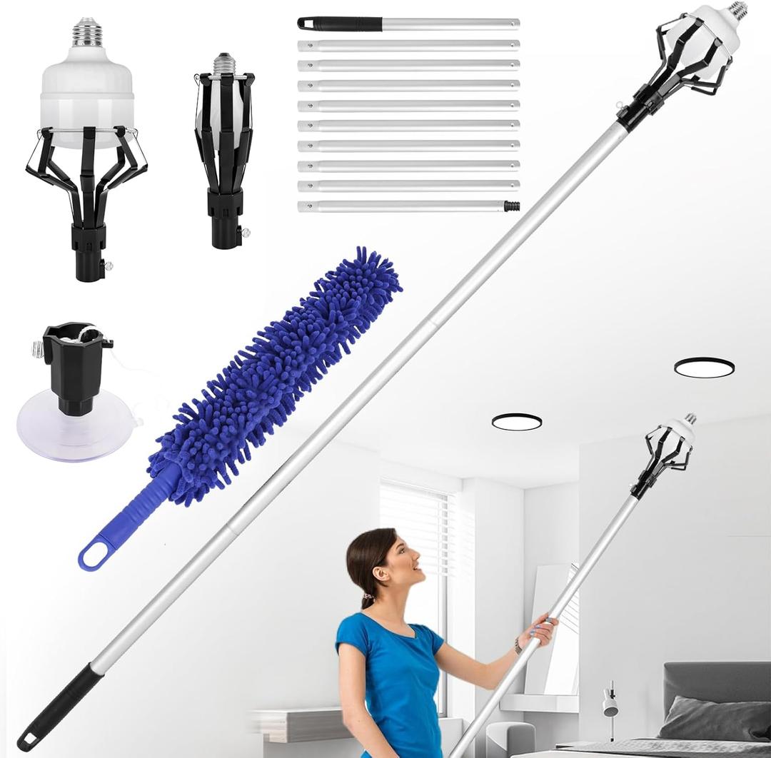 12FT Light Bulb Changer - with Basket, Suction Cup and Duster, Light Bulb Removal Tool for High Ceilings and Recessed Lights