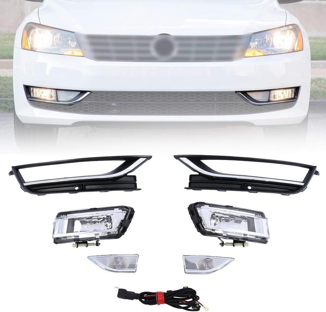 Fog Light Kit 7 PCS Set Fit for Volkswagen Passat 2012 2013 2014 2015 561941700B 561941699B Left Driver＆Right Passenger Side Front Bumper Driving Fog Lamp Bezel w/Chrome Trim＆Wiring Harness