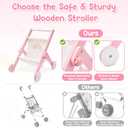 FUNLIO Wooden Doll Stroller for Toddlers 12 Months+, Adorable Pink Baby Doll Strollers for Pretend Play, Rounded Corner & Stable Triangular Structure, Easy to Assemble & Fold, CPC & CE Certified