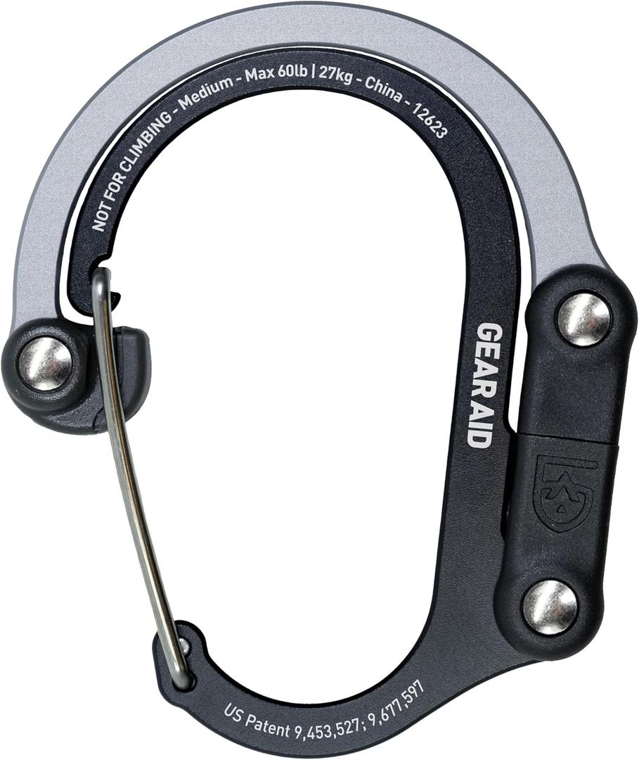GEAR AID HEROCLIP 360 Swivel Carabiner Gear Clip and Hook (Medium) for Camping, Backpack, Suitcases and Garage Organization (Black & Gray)