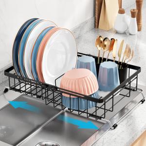 iSPECLE Expandable Dish Drying Rack for Kitchen Sink - Rust Resistant Adjustable Over the Sink Dish Drainer with Non Slip Rubber, 12.7" W x 12.8"-25.2" L, Black