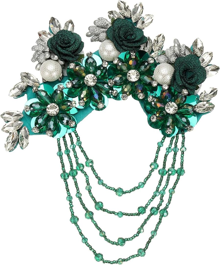 PATIKIL Flower Rhinestone Appliques for Dresses, 3D Green Rhinestone Applique Embellishments Handmade 7 Flowers Crystal Sequin Sewing Patches for Wedding