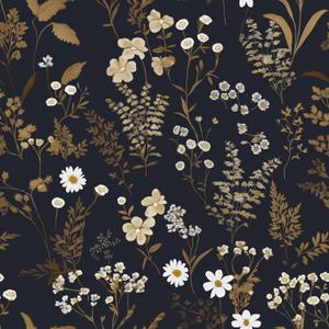 Dark Floral Wallpaper Peel and Stick 17.5in x 118in Gold Leaf Wallpaper Vinyl Waterproof Self-Adhesive Boho Navy Gold Botanical Wall Paper Mural for Bookcase Bedroom Cabinet Decor (Black White Gold)