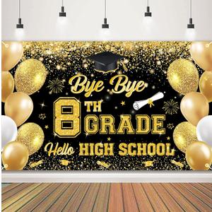 Bye Bye 8TH Grade Hello High School Backdrop Large Size 8TH Grade Graduate Banner for 8TH Grade Graduation Party Decorations Supplies