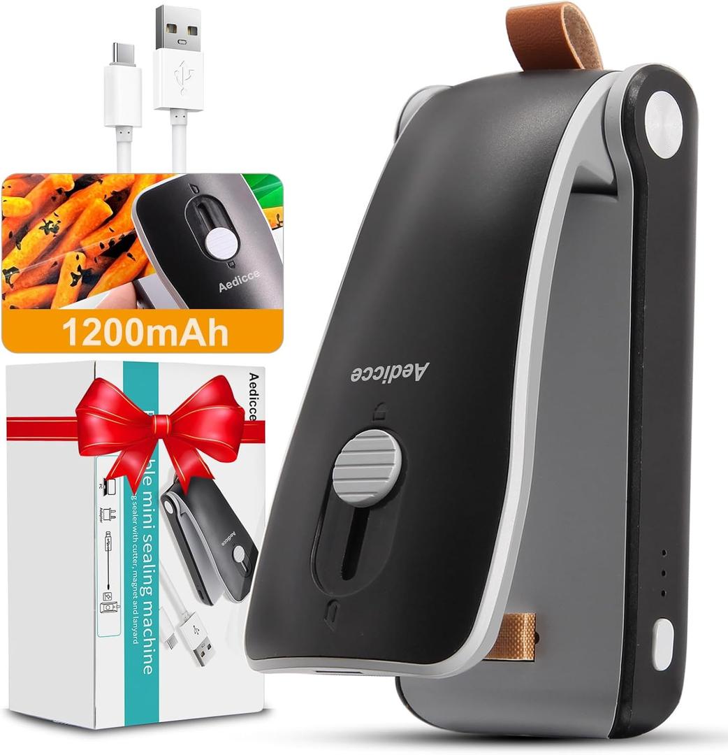 Mini Bag Sealer, USB Rechargeable Chip Bag Sealer Heat Seal, 2 in 1 Bag Sealer Heat Seal with Cutter, Portable Bag Resealer for Plastic Bags Snacks & Food Storage, (Black)