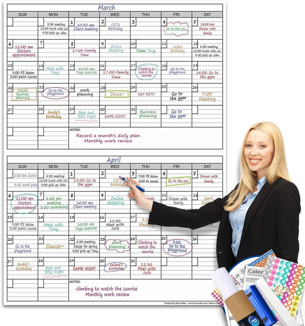 Dry Erase Two Month Laminated jumbo Wall Calendar, 38" x 50", Huge bimonthly Vertical Laminated Erasable White Board, Giant 60 day Family Whiteboard Schedule Planner, Large Multi Month Reusable Poster