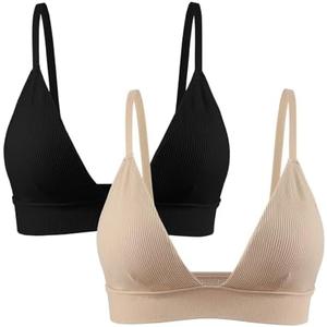 INIBUD Bralettes for Women Ribbed Seamless Padded Bra Wireless Triangle Plunge Cami Bra Adjustable Spaghetti Strap Top. Small