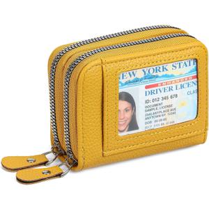Credit Card Holder Wallet RFID Blocking Leather Small Wallet for Women Double Zipper Wallet with ID Window